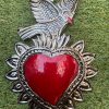 Authentic Mexican Embossed Red Tin Heart with Bird